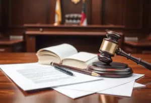 A courtroom with legal documents and a gavel