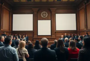 Dramatic courtroom scene illustrating corporate violence trial
