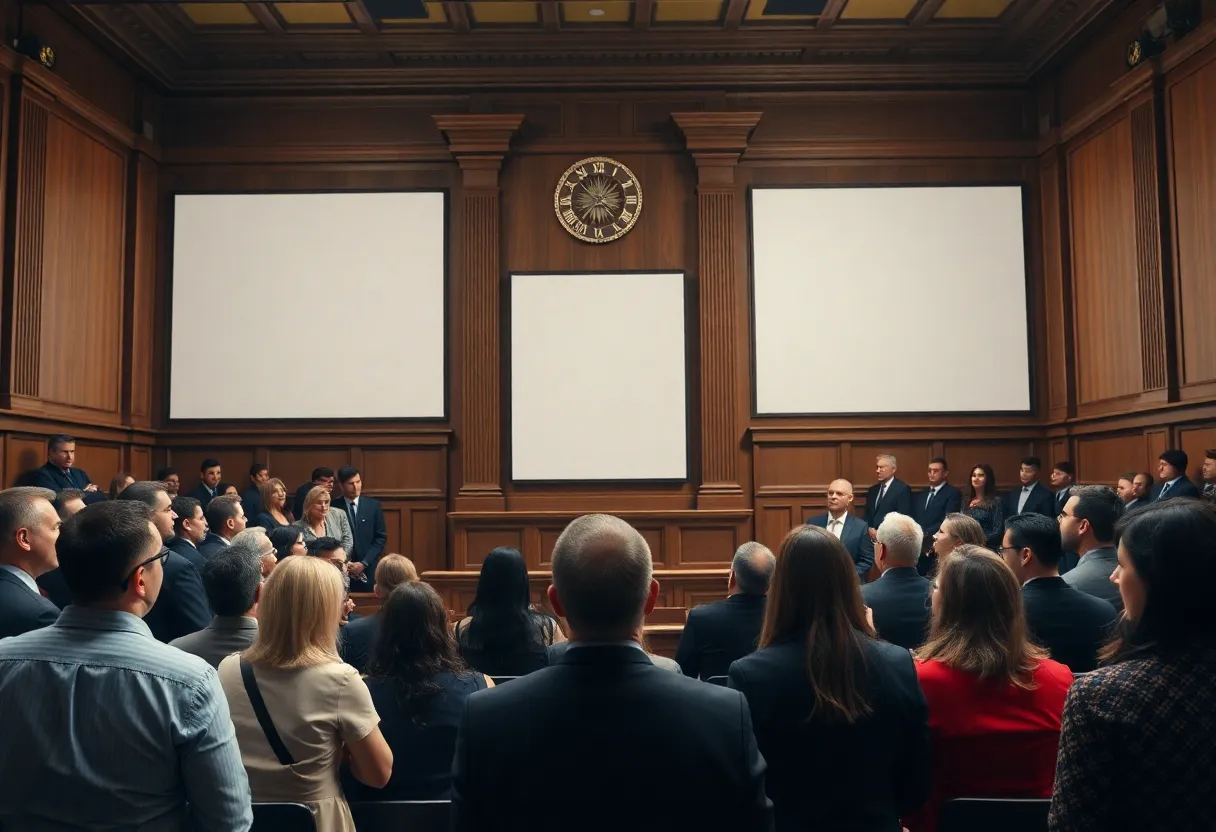 Dramatic courtroom scene illustrating corporate violence trial
