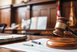 Courtroom with legal documents and gavel