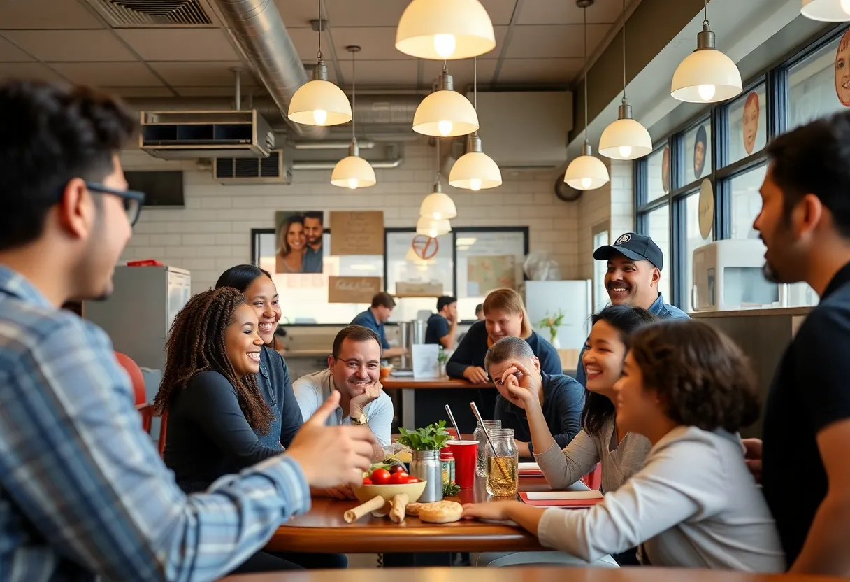Inside of Crystal's Country Diner showcasing staff and customers.