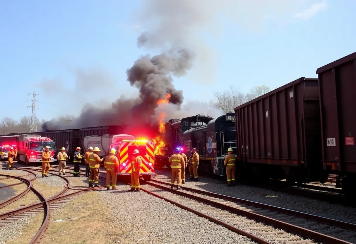 Emergency responders manage the scene of a CSX train derailment in Trenton, Kentucky.