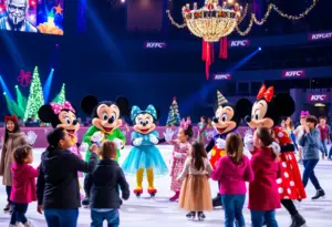 Disney On Ice: Mickey's Search Party performance with colorful lights and characters.