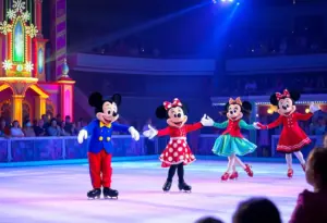 Disney characters performing on ice at a vibrant show
