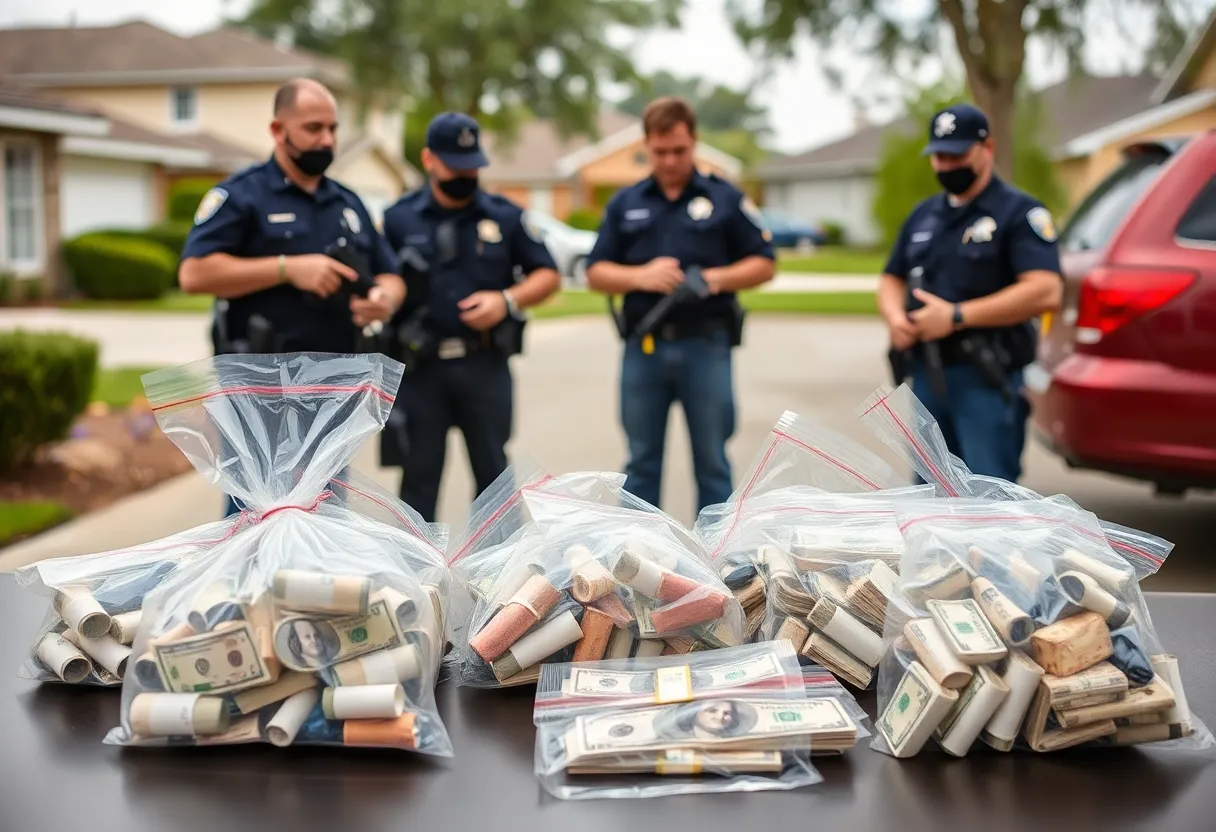 Law enforcement officers conducting a drug bust operation with seized drugs and cash.