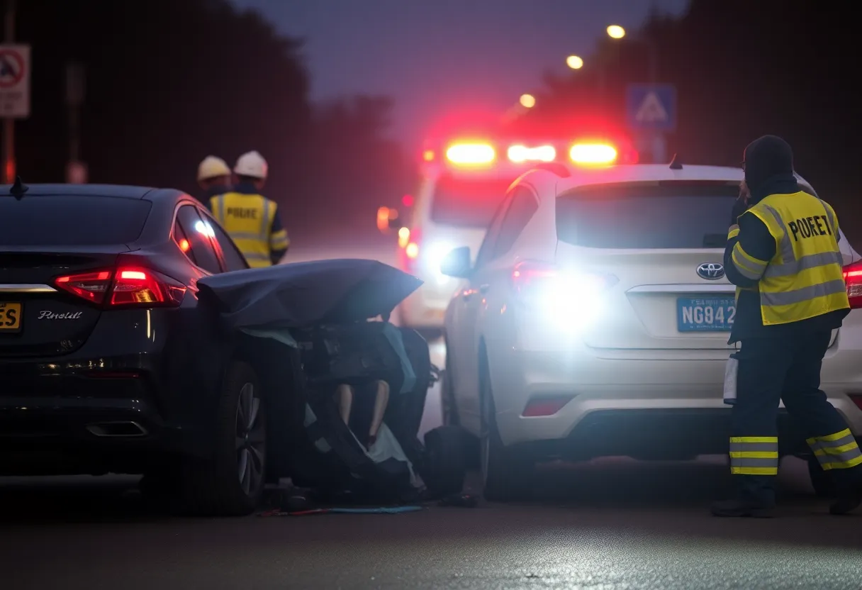Emergency responders at a car accident site highlighting road safety.