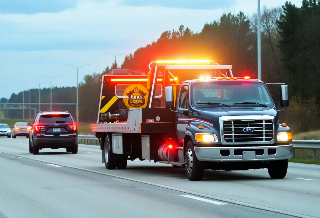Tow truck on highway with police presence highlighting DUI awareness.