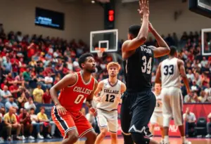 Duke Blue Devils playing against Louisville Cardinals on the basketball court.