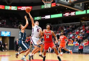 Duke and Louisville basketball teams competing on the court.