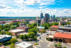 A panoramic view of a Kentucky city illustrating economic growth with new buildings and healthcare centers