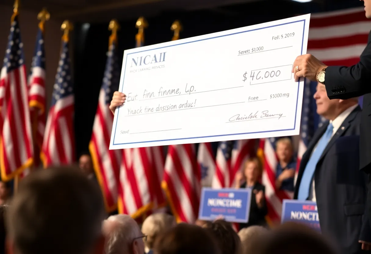 Presentation of a large donation check at a political campaign event