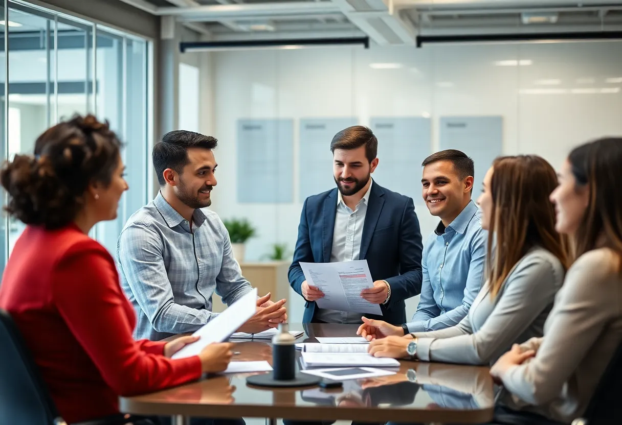 Employees discussing benefits strategies in an office