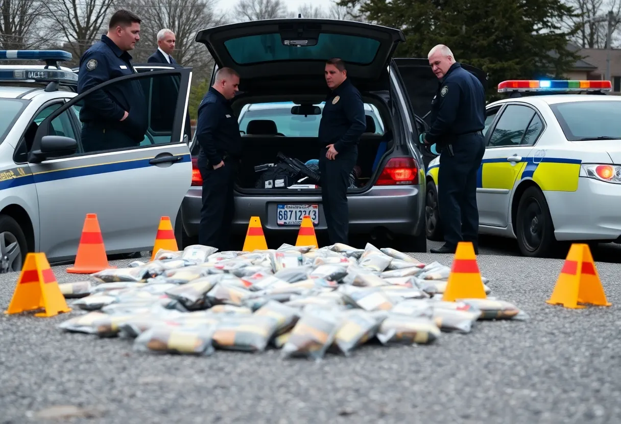 Law enforcement officers inspecting a drug seizure.
