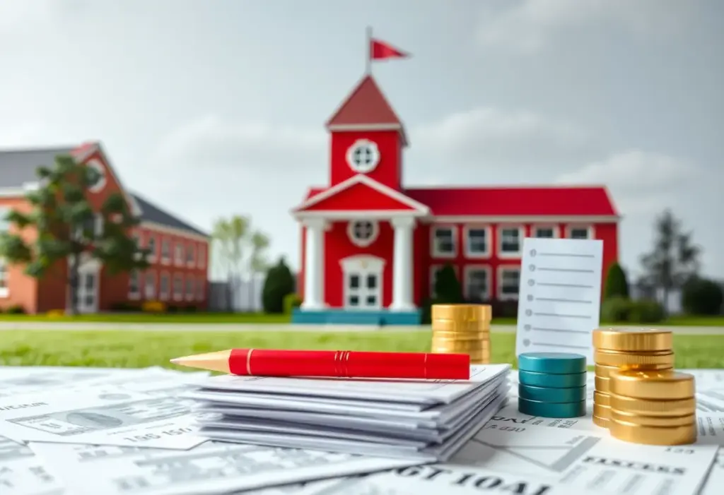 Conceptual image depicting financial issues in education with school buildings and budget documents.