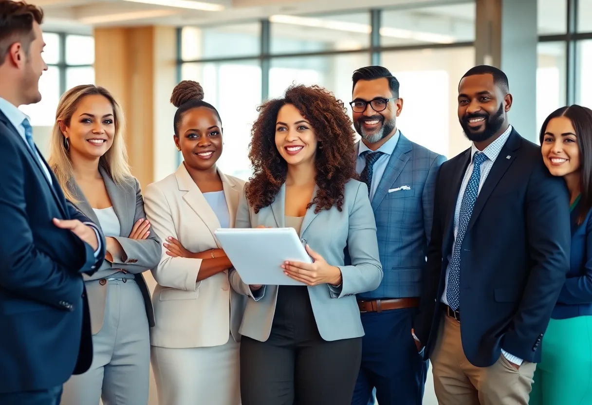Group of financial professionals discussing business strategies in an office