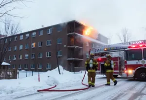 Firefighters managing a two-alarm fire in an apartment building