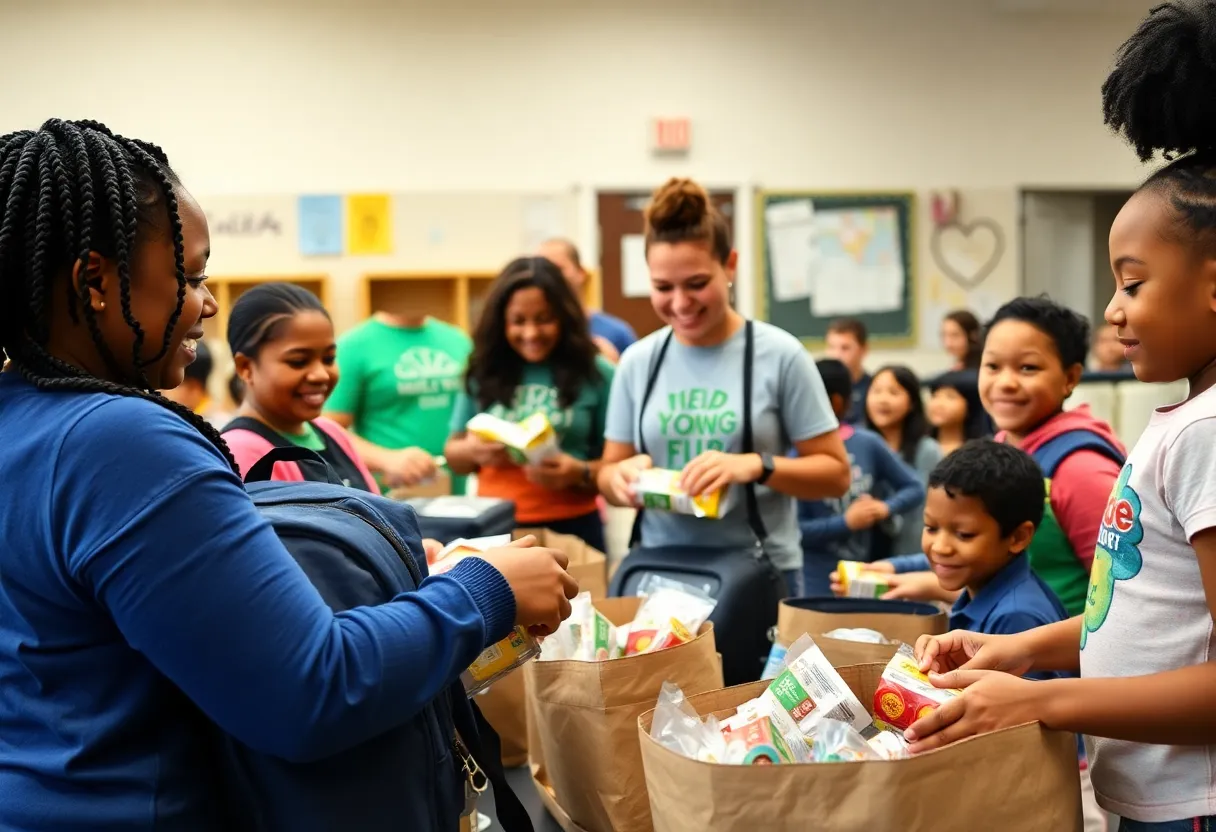 Volunteers preparing food backpacks for children in Louisville