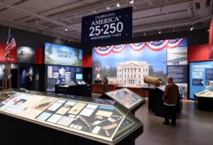 Interactive exhibit at Frazier Museum showcasing America's 250th anniversary celebrations.