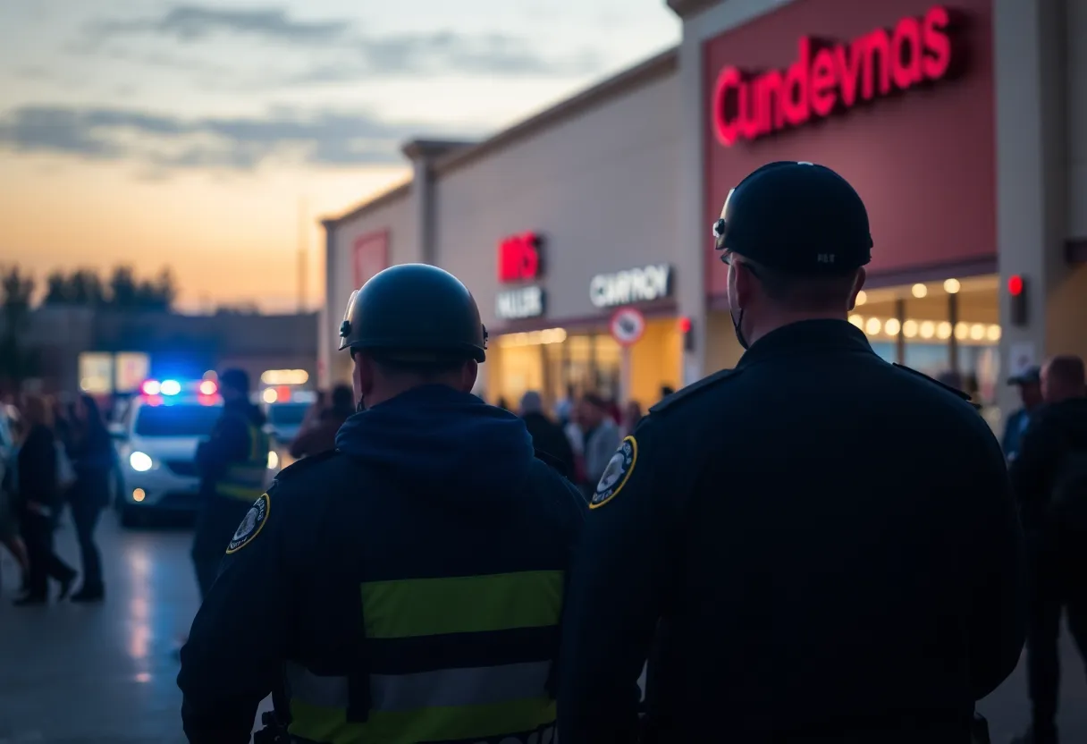 Police investigating at a shopping plaza following a shooting incident.