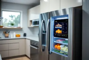 Smart refrigerator with touchscreen in a modern kitchen