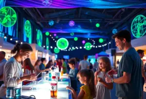 Families enjoying the interactive science activities at Glow Day