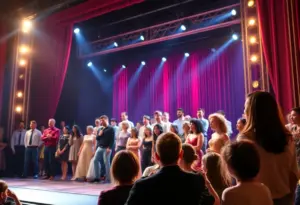 A scene from Hamilton musical showing actors performing on stage.