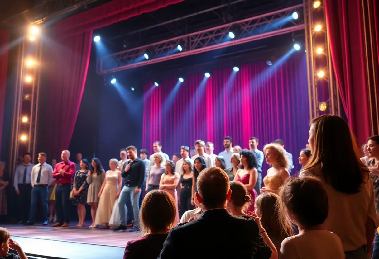 A scene from Hamilton musical showing actors performing on stage.