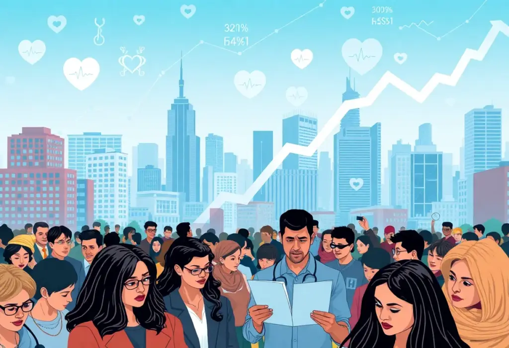 Concerns about rising health insurance costs among a diverse group of people in an urban setting.