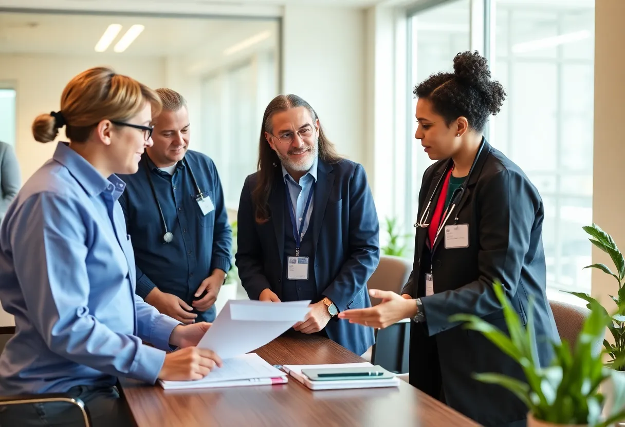 Healthcare professionals collaborating in a modern office.