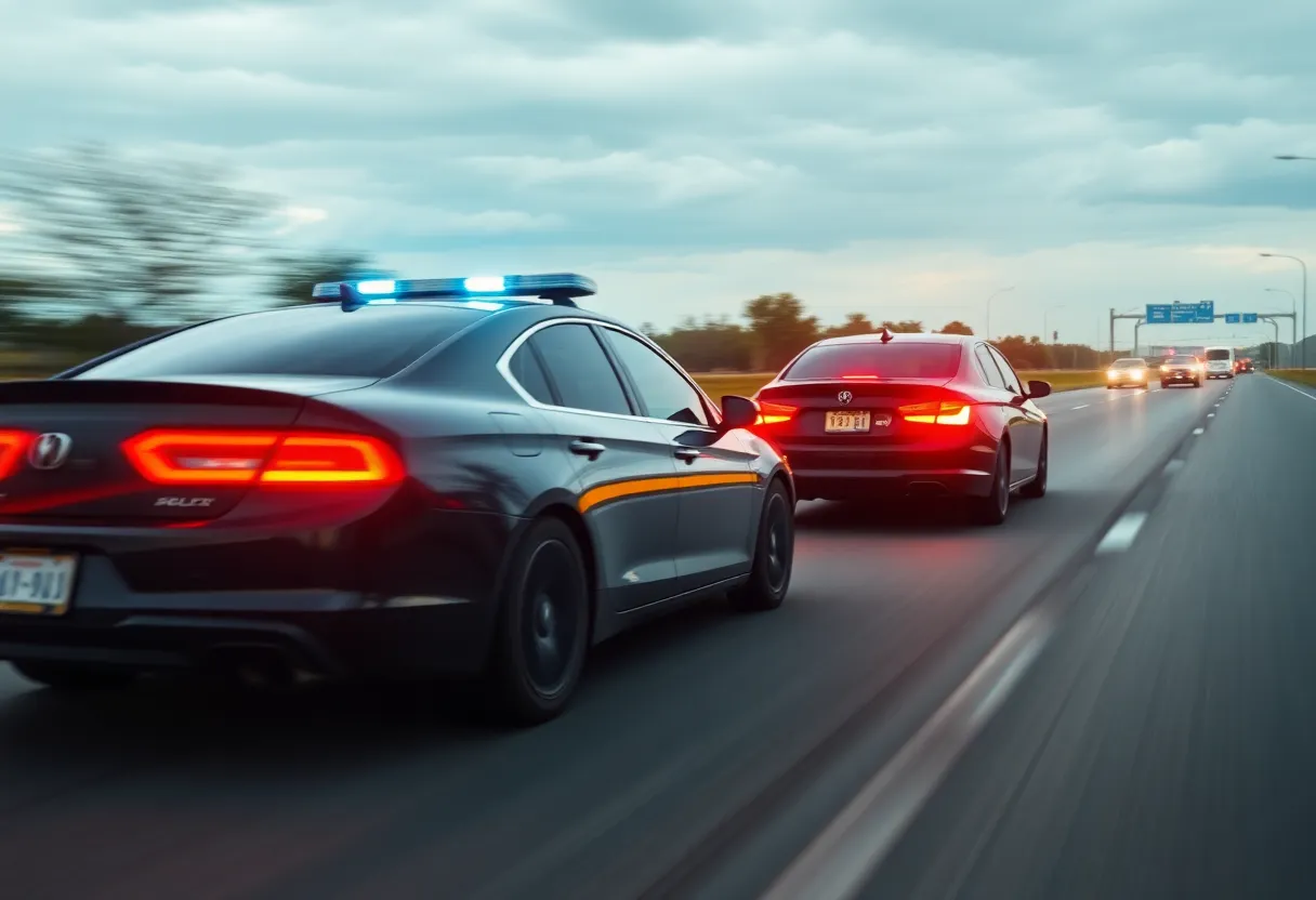 Police car in pursuit of a speeding vehicle on highway