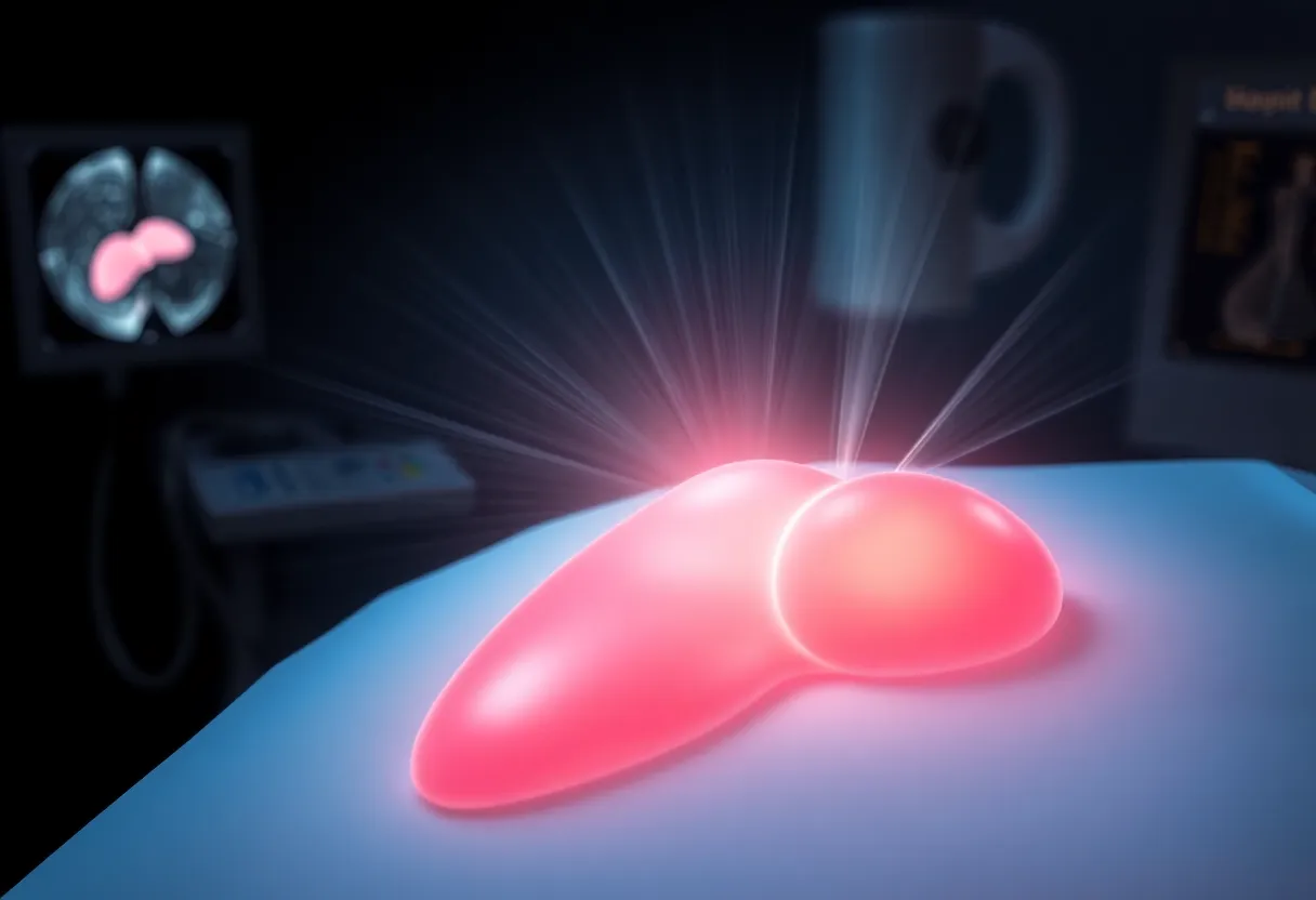 Illustration of histotripsy ultrasound waves targeting liver tumors.