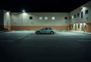 Empty hospital parking lot with a parked car