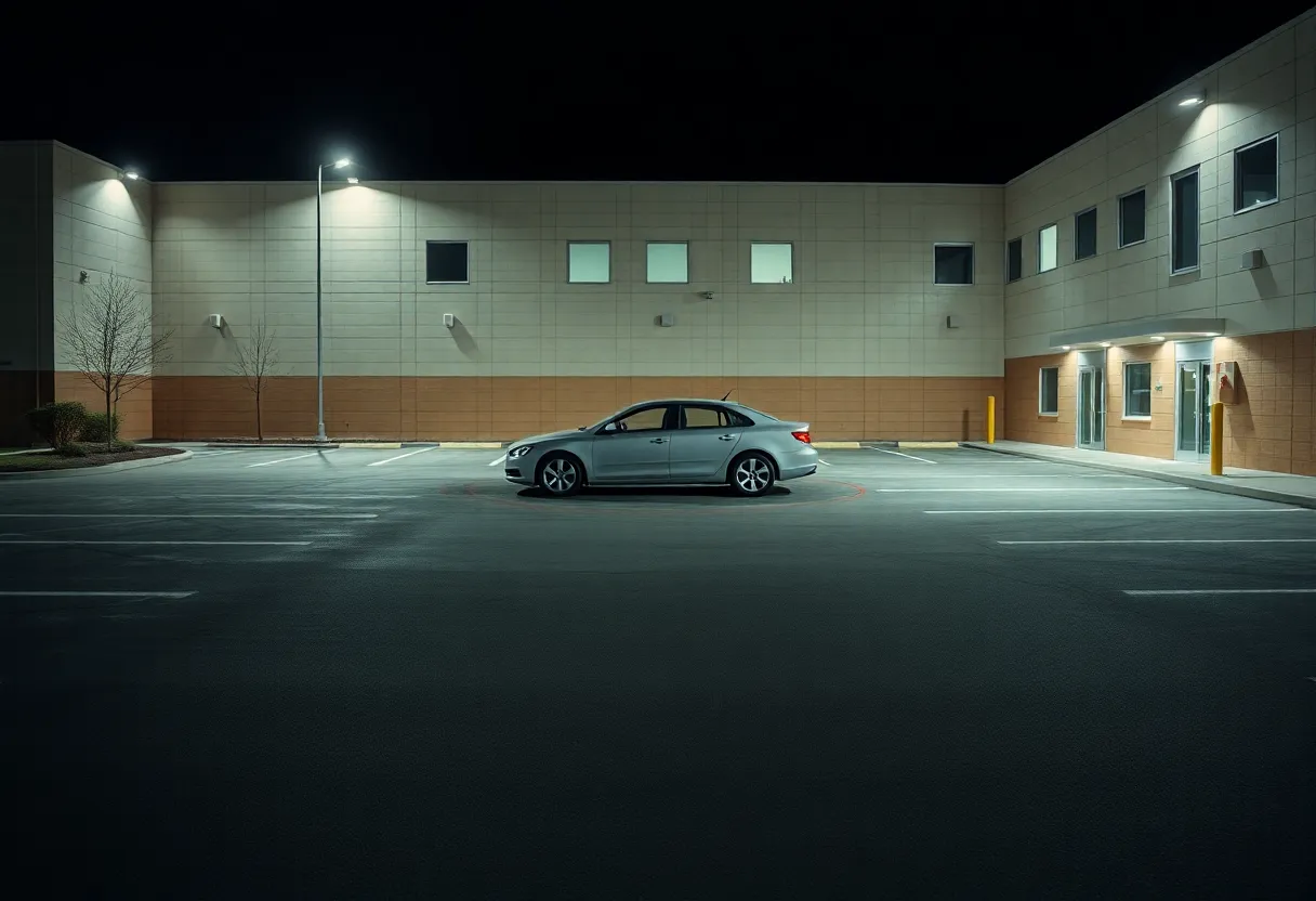 Empty hospital parking lot with a parked car