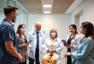 Healthcare professionals discussing patient care in an oncology setting