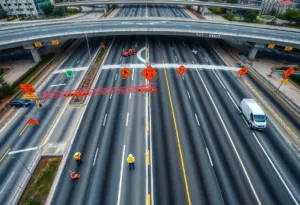 Construction zone on I-264 East with lane closures and traffic signs.