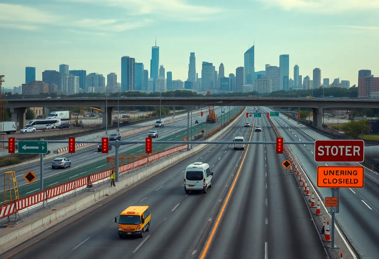 Construction site on I-65 with traffic signs and workers in downtown Louisville