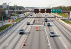 Construction on I-71 with lane closures and traffic cones.