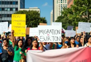 Participants holding banners at the ICE Out rally in Louisville
