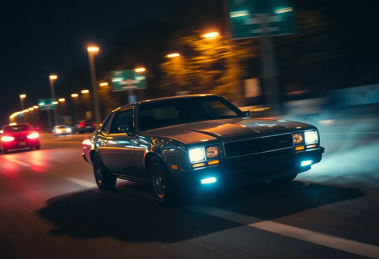 Cars racing on a city street at night