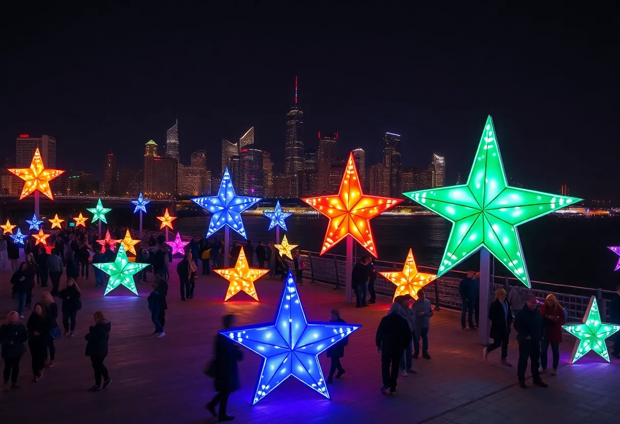 Five illuminated star sculptures glowing at night in downtown Louisville.