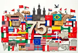 Visual representation of diverse flags and economic symbols regarding immigration policy.