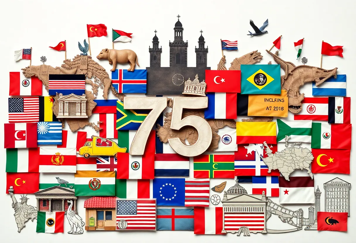 Visual representation of diverse flags and economic symbols regarding immigration policy.