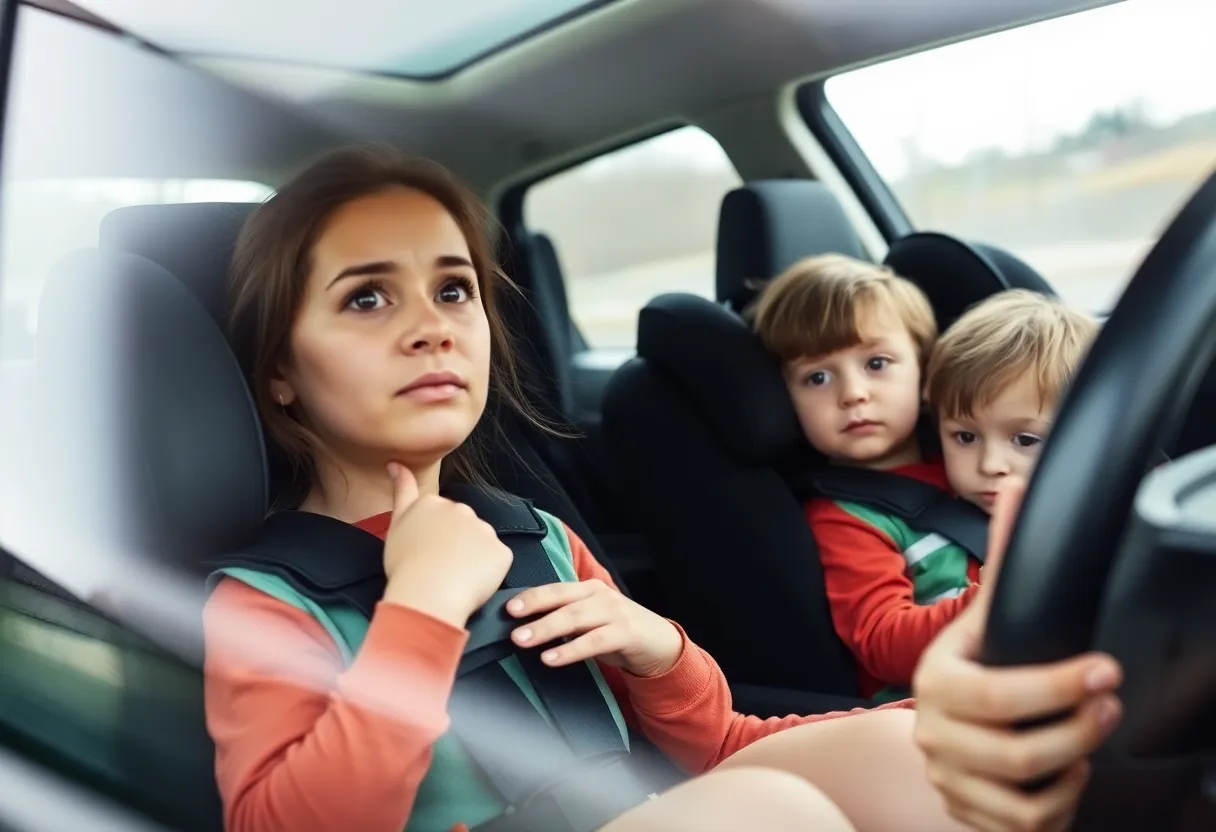 A woman in a vehicle with secured children in car seats, highlighting impaired driving issues.