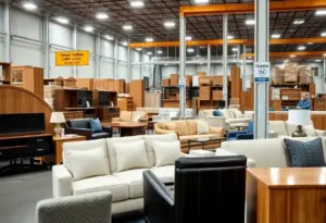 Warehouse full of imported furniture with tariff signage.