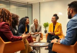 Professionals in a modern interview setting discussing adaptability and culture fit for hiring.