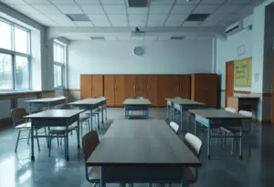 Deserted school office showing signs of budget cuts