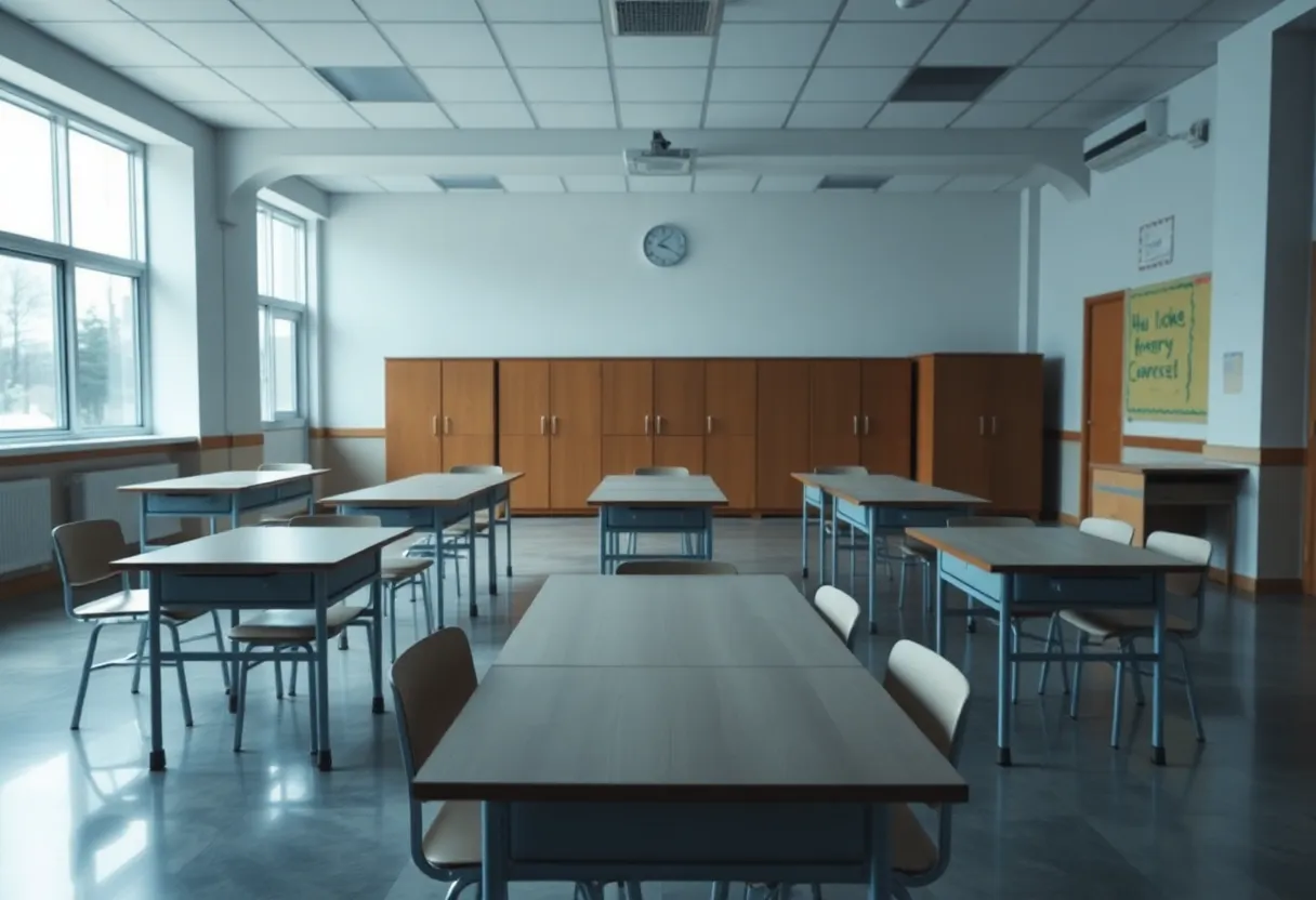 Deserted school office showing signs of budget cuts