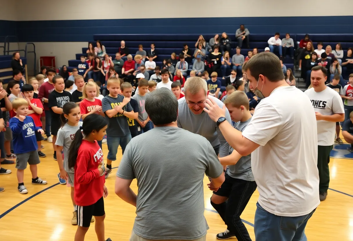 Wrestling show at JCPS middle school with students and teachers