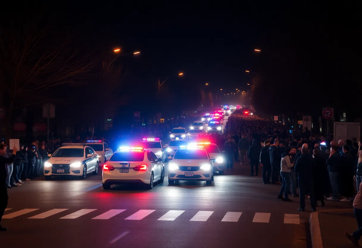 Police cars at a scene during a large party in Jeffersonville, Indiana.
