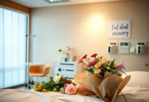 Hospital room with flowers and supportive messages